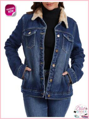 Sherpa Lined Denim Jacket Fleece Jean Coat Button Down Trucker